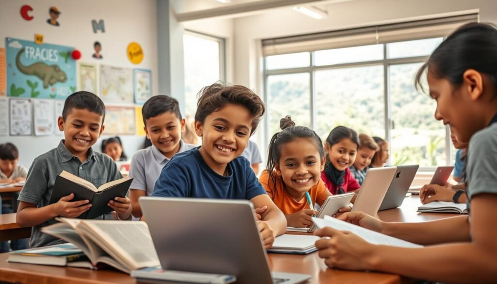 A bright, optimistic scene depicting positive social impact in education in Colombia. In the foreground, a diverse group of students, from young children to teenagers, engage in various learning activities - reading books, using laptops, and participating in hands-on experiments. Their faces reflect joy, curiosity, and a thirst for knowledge. The middle ground showcases a modern, well-equipped classroom with colorful murals and educational posters on the walls. Sunlight streams in through large windows, illuminating the space. In the background, a lush, verdant landscape can be seen, symbolizing growth and opportunity. The overall atmosphere conveys a sense of progress, empowerment, and the transformative power of education.