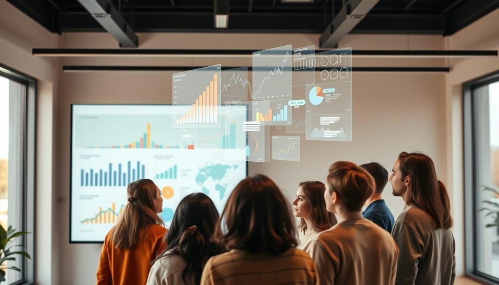 A data visualization dashboard highlighting the key metrics and trends of social impact assessment. In the foreground, a group of diverse people examining charts and graphs projected onto a large screen, their expressions thoughtful and engaged. In the middle ground, a series of holographic data visualizations float in the air, color-coded and interactive. In the background, a minimalist office setting with floor-to-ceiling windows, allowing natural light to create a sense of openness and transparency. The overall atmosphere conveys a sense of collaborative analysis and a commitment to measuring and understanding the real-world consequences of social initiatives. Warm, neutral tones and clean, modern aesthetics create a professional yet approachable mood.