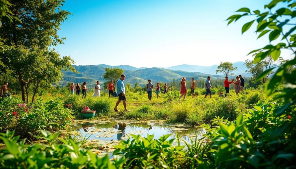 A lush, verdant landscape filled with thriving flora, symbolizing the harmony of sustainable development. In the foreground, a serene pond reflects the surrounding trees and plants, creating a tranquil atmosphere. In the middle ground, people of diverse backgrounds engage in activities that promote environmental consciousness, such as recycling, gardening, or renewable energy initiatives. The background features rolling hills and a clear blue sky, conveying a sense of balance and progress. The lighting is soft and natural, illuminating the scene with a warm, inviting glow. The overall composition evokes a sense of optimism and the positive impact of sustainable practices on Colombian society.