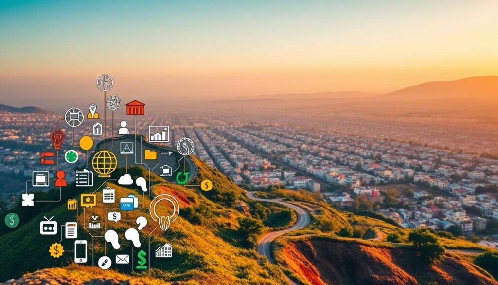 A striking visual representation of the diverse types of social impact, showcasing a vibrant and layered landscape. In the foreground, a variety of interconnected symbols and icons symbolize the multifaceted dimensions of societal change, such as education, healthcare, sustainability, and economic development. The middle ground features a series of intertwined pathways, representing the interconnectedness of these areas and the ripple effects of social impact. In the background, a panoramic view of a thriving, diverse community, illuminated by warm, diffused lighting, conveying a sense of progress, growth, and positive transformation. The overall composition emphasizes the breadth, depth, and far-reaching implications of the various types of social impact.